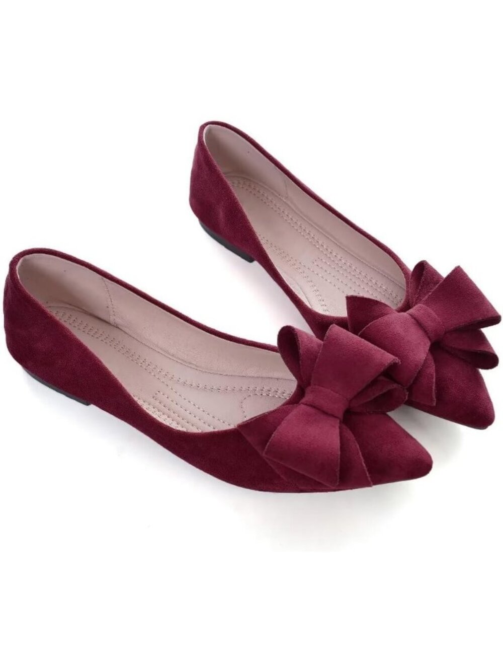 Women's W Wine Red Suede Fashion Bowknot Flats Comfort Pointed Toe Dressy Shoes